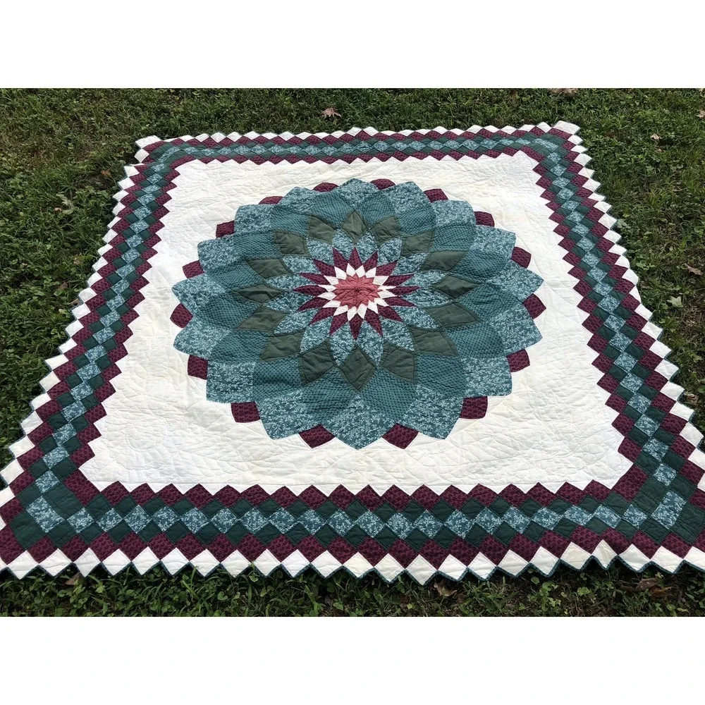 Vtg Patchwork Quilt 84x84 Chrysanthemum Pattern Hand Stitch USA Burgundy Green